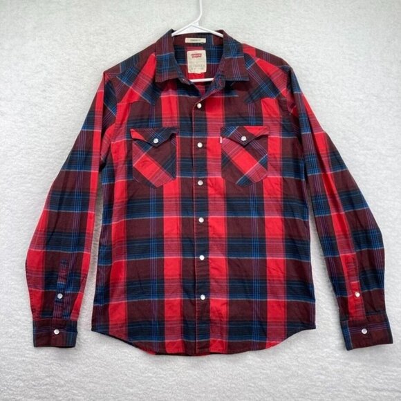 Levis Mens Pearl Snap Shirt Size Small Red Blue Plaid Standard Fit Long Sleeve - Picture 1 of 9